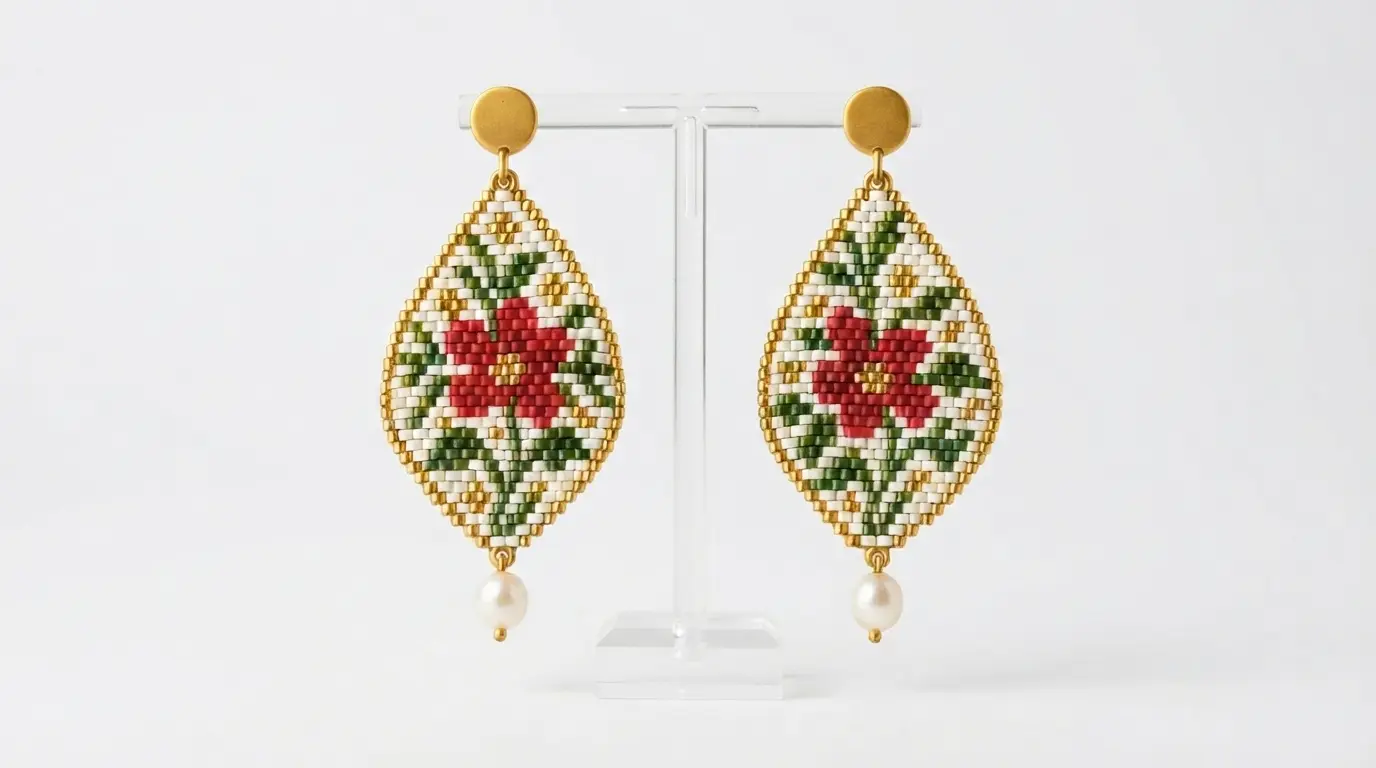 گوشواره میوکی طرح گل قرمز گوشواره میوکی لوزیشکل با طرح گل قرمز، برگ سبز و حاشیه طلایی، همراه با آویز مروارید سفید